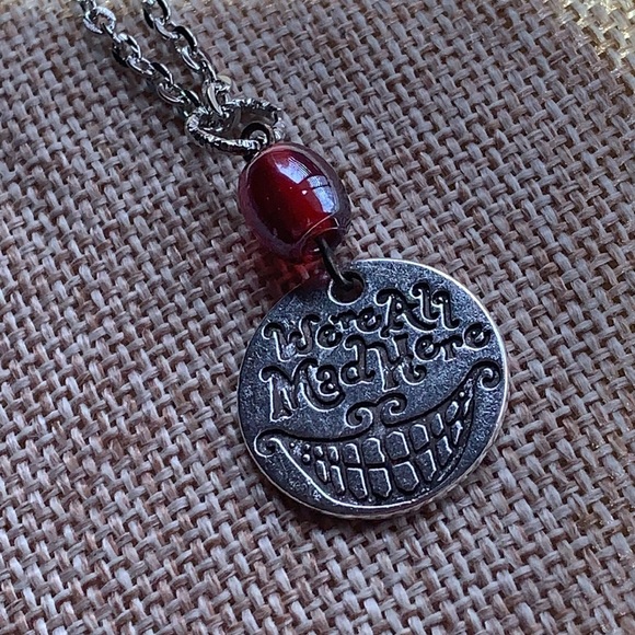 Twinsdesign Jewelry - Alice in Wonderland We’re All Mad Here Vintage Red Glass Bead Necklace 18” NWOT